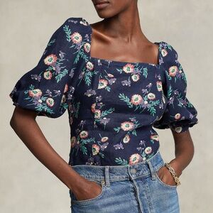 Polo Ralph Lauren Floral 100% Linen Blouson-Sleeve Blouse Navy Size 4